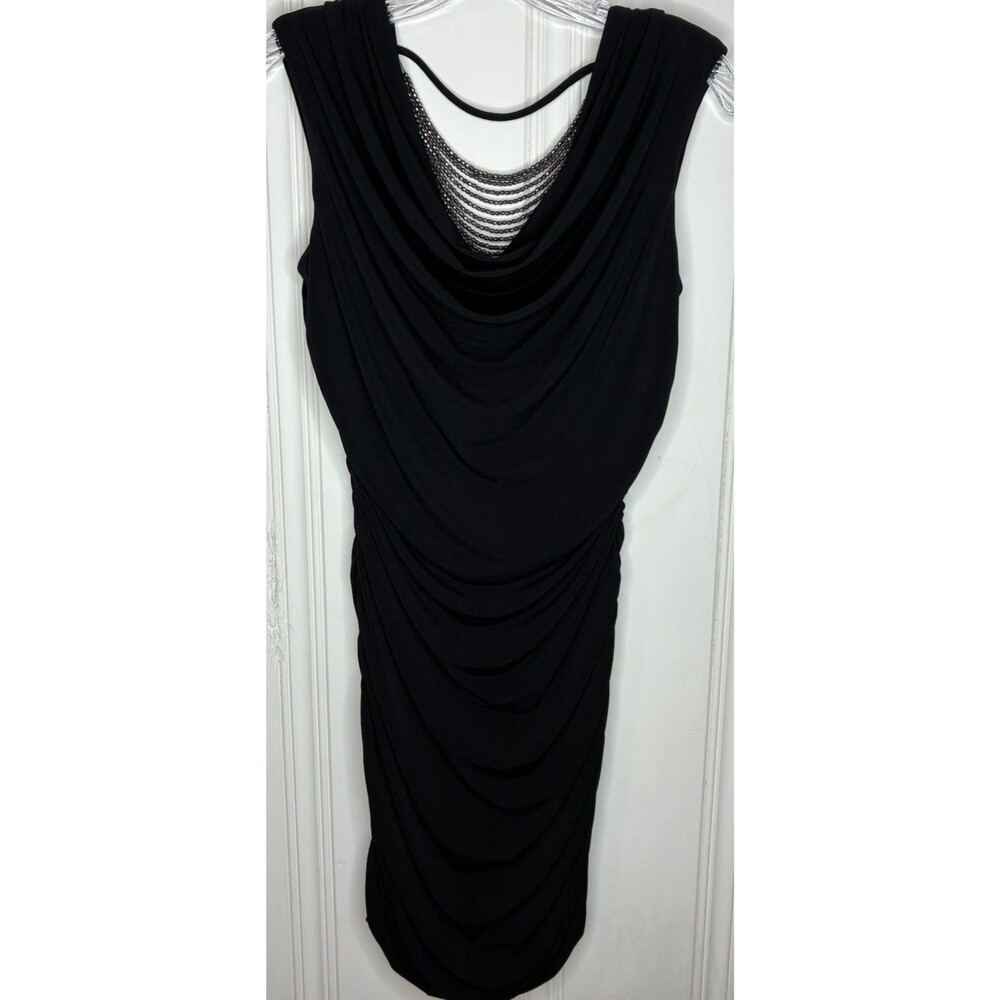 BCX black draped bodycon dress Jr Sz M ruching back beads cocktail goth party
